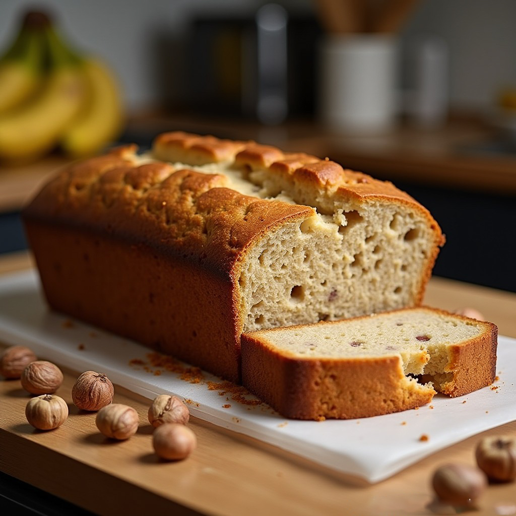 Bananenbrot, saftig, mit Haselnüssen, Bananen im Hintergrund der Küche